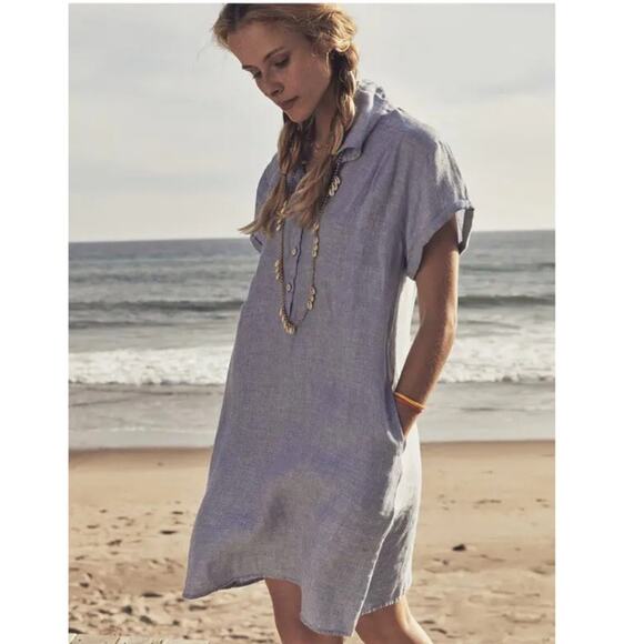 Faherty Dresses & Skirts - Faherty Hana Blue Basketweave Linen Shift Shirt Dress Pockets XS